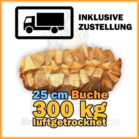 300 kg heizwertiges Buchenholz 25 cm Kaminholz im Netzsack luftgetrocknet