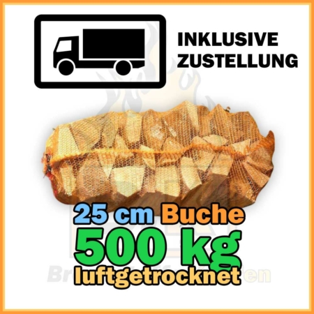 500 kg heizwertiges Buchenholz 25 cm Kaminholz im Netzsack luftgetrocknet